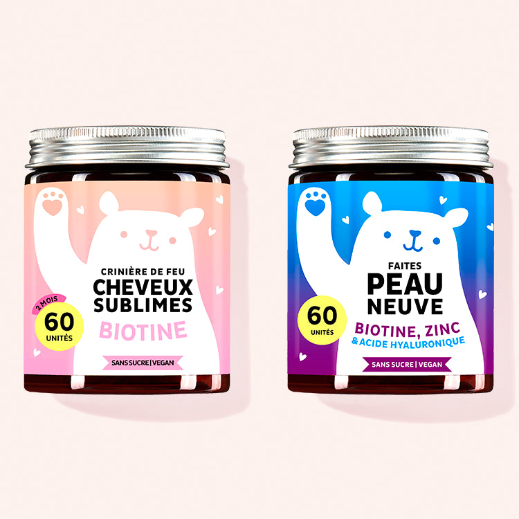 Set de 2 duos pour la peau et les cheveux abîmés de Bears with Benefits comprenant les vitamines Cheveux sublimes avec biotine et les vitamines Faites peau neuve avec hyaluron.