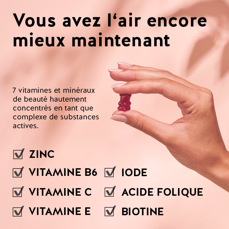 Ces ingrédients et nutriments se trouvent dans les vitamines Cheveux sublimes - avec biotine: Biotine, acide folique, iode, zinc, vitamine B6, C et vitamine E 