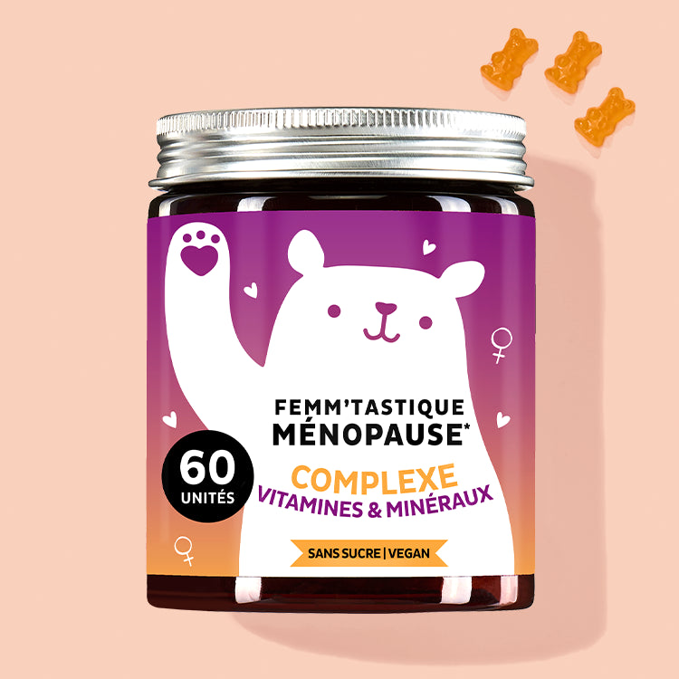 Une boîte de Femm¡tastique Menopause avec Huile de grain de lin et Huile de graine d´onagre bisanuell de Bears with Benefits pour le Menopause.