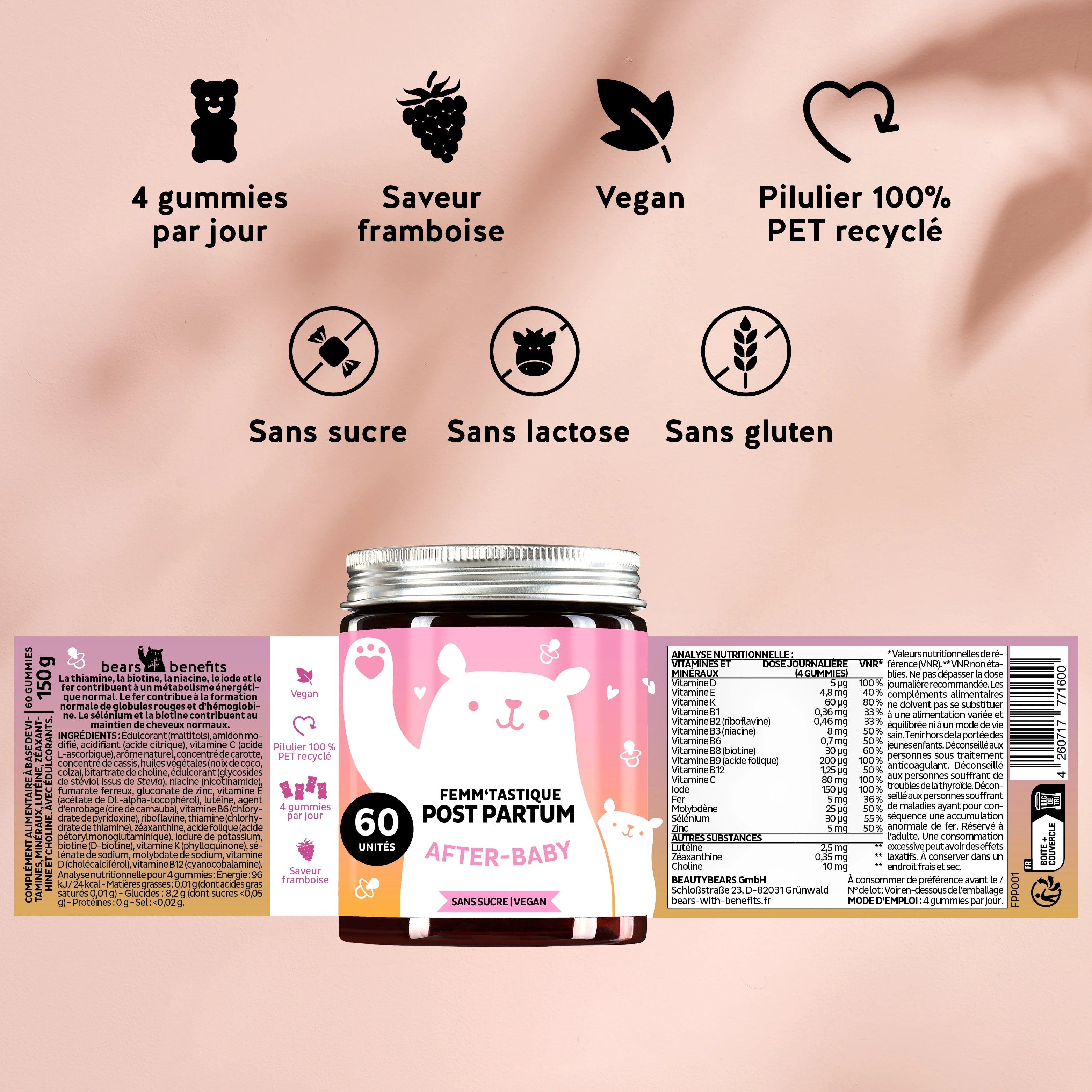 Ces ingrédients et renseignements les vitamines Femm'tastique Post partum de Bears with Benefits.