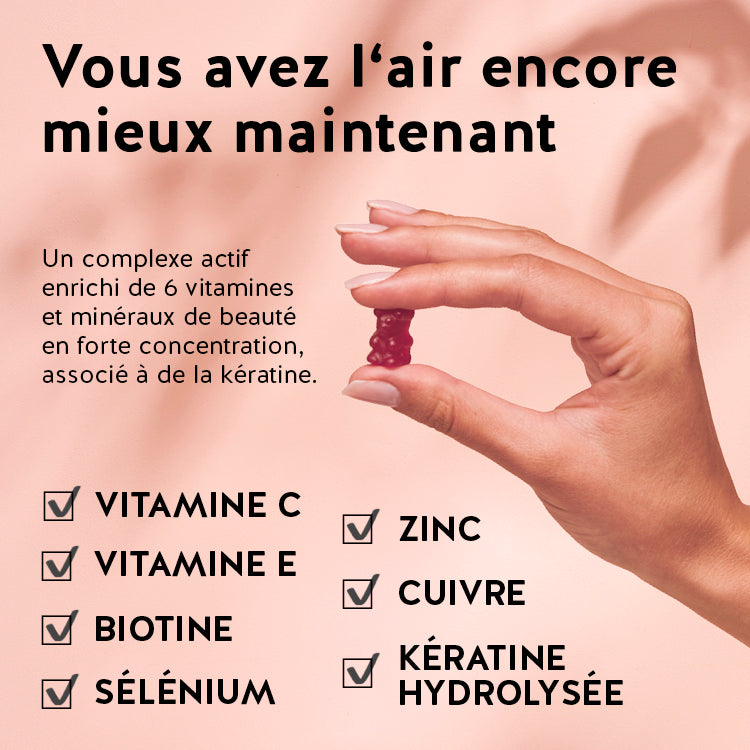 Cette illustration montre les ingrédients du produit Jusqu'au bout des ongles & cheveux avec keratine de Bears with Benefits : vitamine C, vitamine E, biotine, sélénium, kératine hydrolysée, zinc et cuivre.