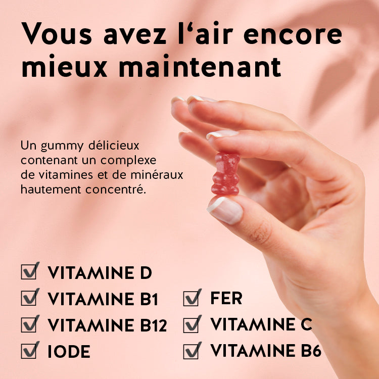 Sur cette image, les ingrédients du produit La Dame de Fer avec  Fer, vitamine B12, B1, D, C, B6 et iode de Bears with Benefits sont représentés.