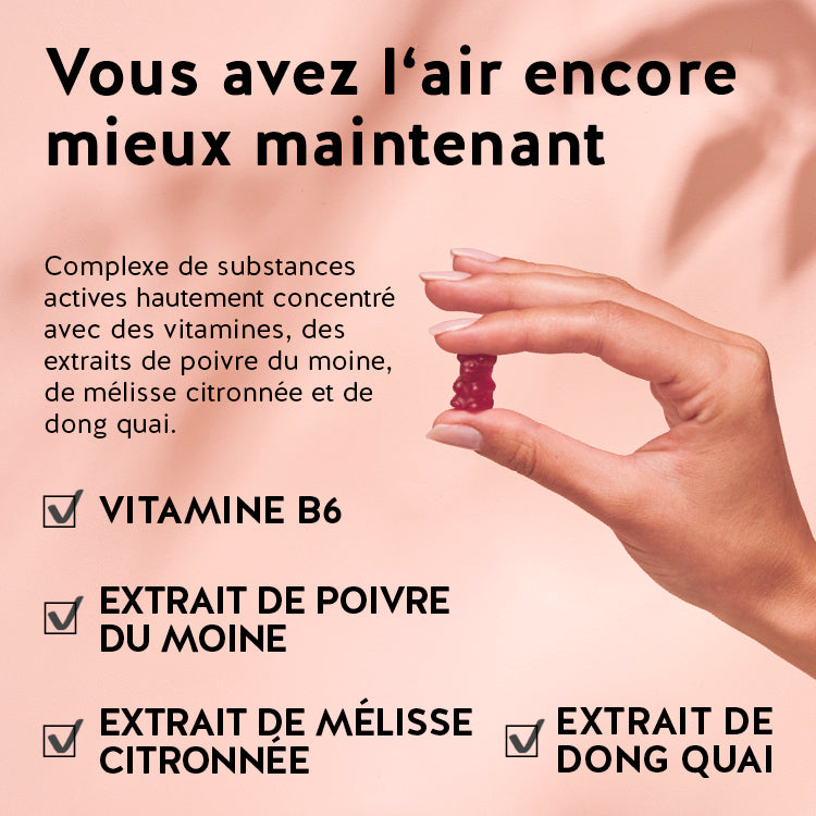 Ces ingrédients et nutriments se trouvent dans les vitamines Femm 'tastique SPM  pour un cycle équilibré de Bears with Benefits : extrait de gattilier (agneau chaste), dong quai, extrait de mélisse et vitamine B6