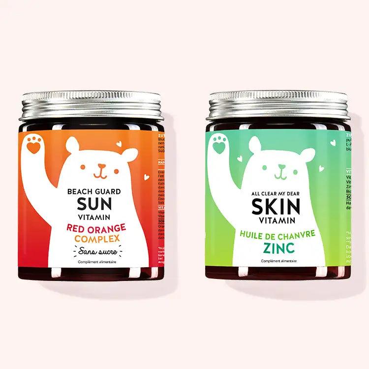 Set de 2 "Skin Heroes en Duo" composé par les Vitamines beach Guard Sun avec red Orange Complex et les Vitamines All Clear my Dear avec huile de chanvre.