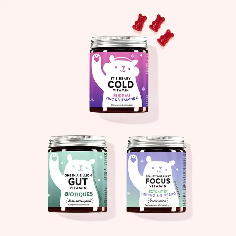 Set de 3 "Trio - Santé, Digestion & Concentration" composé par les Vitamines It's Beary Cold, One in a Billion Gut et les Vitamines Beauty & Brains Focus.