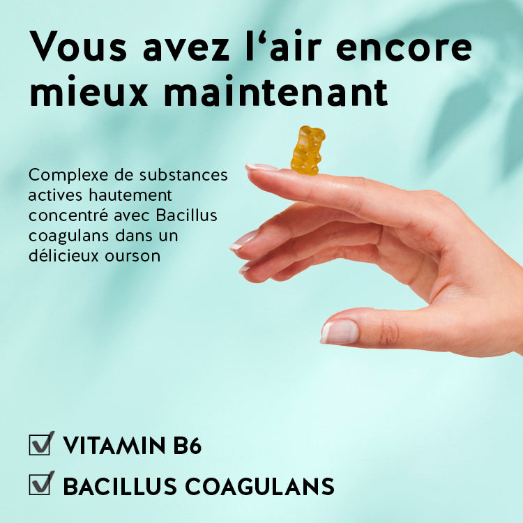 Ces ingrédients et nutriments se trouvent dans les vitamines Un milliard de bienfaits - souche microbiotique de Bears with Benefits: Bacillus Coagulans (probiotique), l'inuline (prébiotique) et La Vitamine B6.