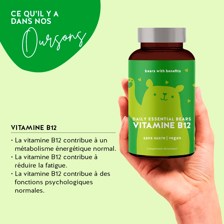 Cette image montre les ingrédients du produit Daily Essential Bears avec vitamine B12 de Bears with Benefits.