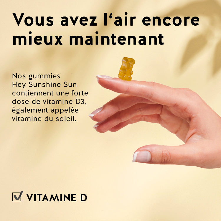 Ces ingrédients et nutriments se trouvent dans les vitamines Sous le soleil de Bears with Benefits : Vitamine D