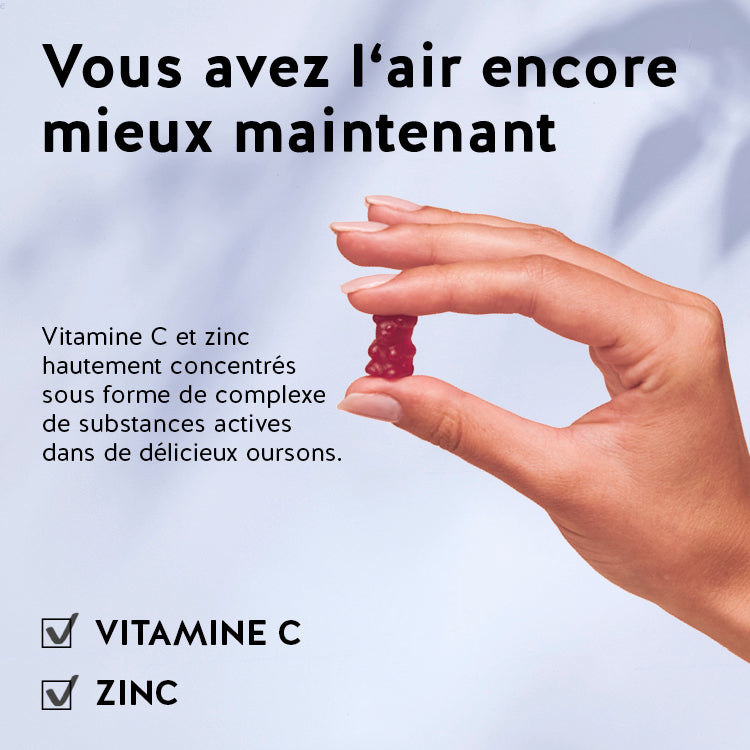 Ces ingrédients et nutriments se trouvent dans les vitamines Système Immunitaire de Bears with Benefits : Extrait de baies de sureau, vitamine C, miel et zinc.