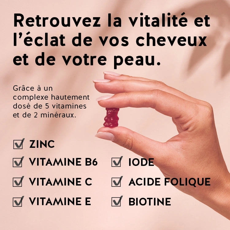 Ces ingrédients et nutriments se trouvent dans les vitamines Cheveux sublimes sans sucre - avec biotine: Biotine, acide folique, iode, zinc, vitamine B6, C et vitamine E 