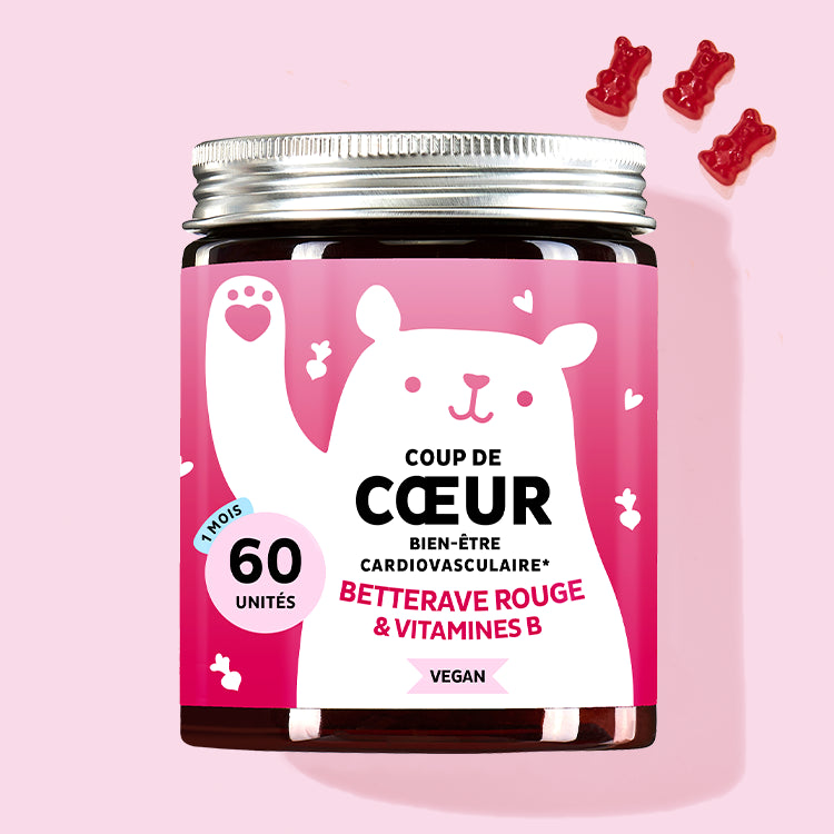 Cette photo représente une boîte du produit "Coup de Coeur"  vegan avec betterave rouge et vitamines B de Bears with Benefits. 