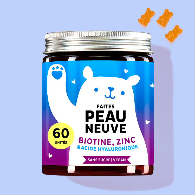 Cette photo représente une boîte du produit Faites Peau Neuve avec biotine, zinc et hyaluron de Bears with Benefits.