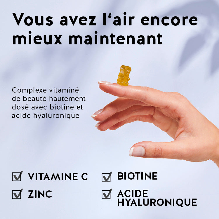 Sur cette image, les ingrédients du produit Faites Peau Neuve avec biotine, zinc & hyaluron de Bears with Benefits sont représentés.