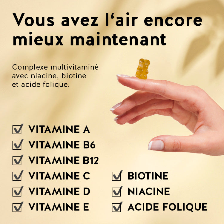 Ces ingrédients et nutriments se trouvent dans les vitamines One Bear A Day Immun de Bears with Benefits : Niacine, biotine, acide folique, vitamine A, B6, B12, vitamine C, D et vitamine E