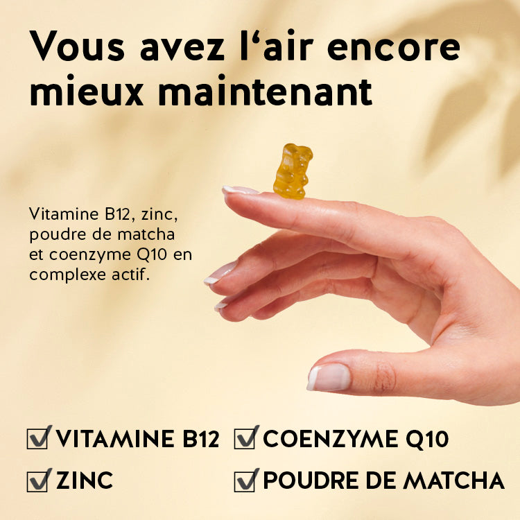 Ces ingrédients et nutriments se trouvent dans les vitamines Matcha Metabolisme & Energie - avec du zinc pour stimuler le métabolisme: vitamine B12, coenzyme Q10, zinc, poudre de matcha.