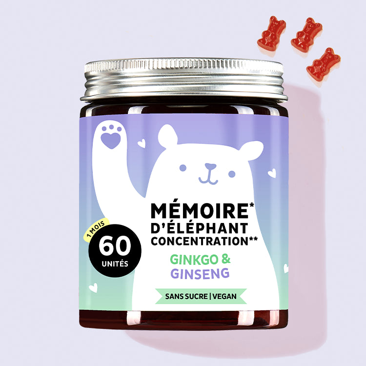 Cette photo représente une boîte du produit Mémoire d'éléphant avec des extraits de ginkgo & de ginseng de Bears with Benefits.