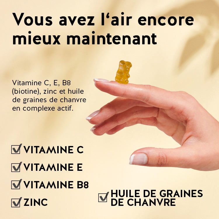 Ces ingrédients et nutriments se trouvent dans les vitamines Peau nette - avec vitamine C, E, B8, zinc et huile de graines de chanvre.