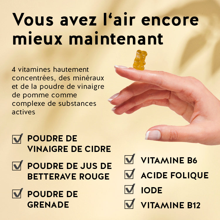 Ces ingrédients et nutriments se trouvent dans les vitamines Retrouvez l'équilibre de Bears with Benefits : Vinaigre de cidre, acide folique, iode, vitamine B6 et vitamine B12