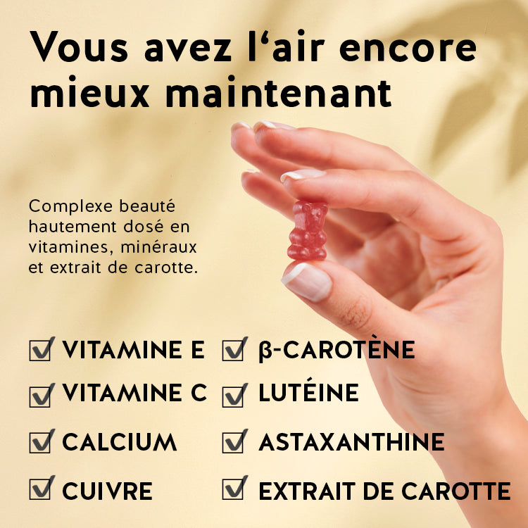 Cette photo montre les ingrédients de 1 2 3 soleil - prépare & active le bronzage avec Beta Carotene. Bêta-carotène, astaxanthine, vitamines C et E, calcium, lutéine, cuivre et extrait de carotte.