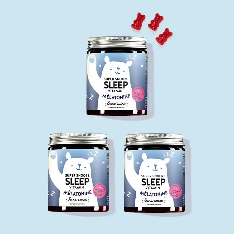 Les vitamines Super Snooze Sleep avec mélatonine de Bears with Benefits en cure de 3 mois.