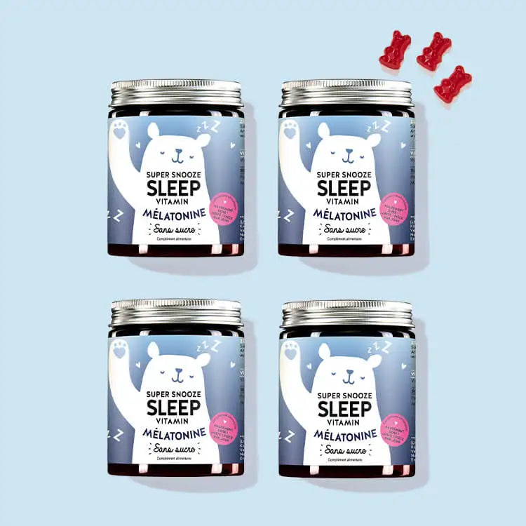 Les vitamines Super Snooze Sleep avec mélatonine de Bears with Benefits en cure de 4 mois.